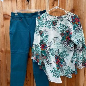 Van Heusen floral bell sleeve +Teal pull on Pants set